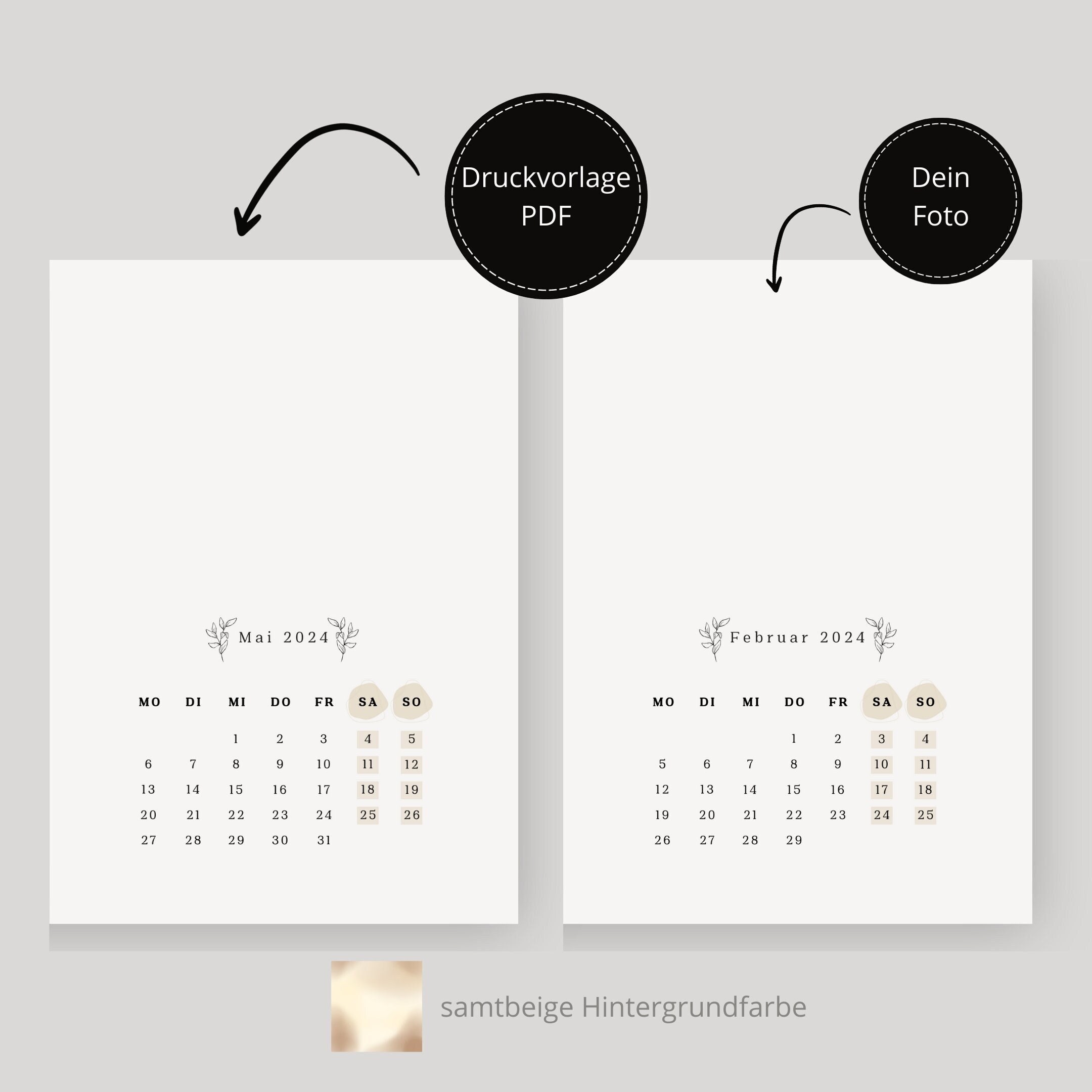 Druckvorlage Kalender 2024 Fotokalender beige Blätter Kalender zum