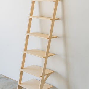 Può includere: Una libreria a scala in legno chiaro con sei ripiani. I ripiani rettangolari sono distanziati uniformemente lungo il telaio della scala. La scala è appoggiata a una parete bianca, offrendo un'elegante soluzione di stoccaggio.