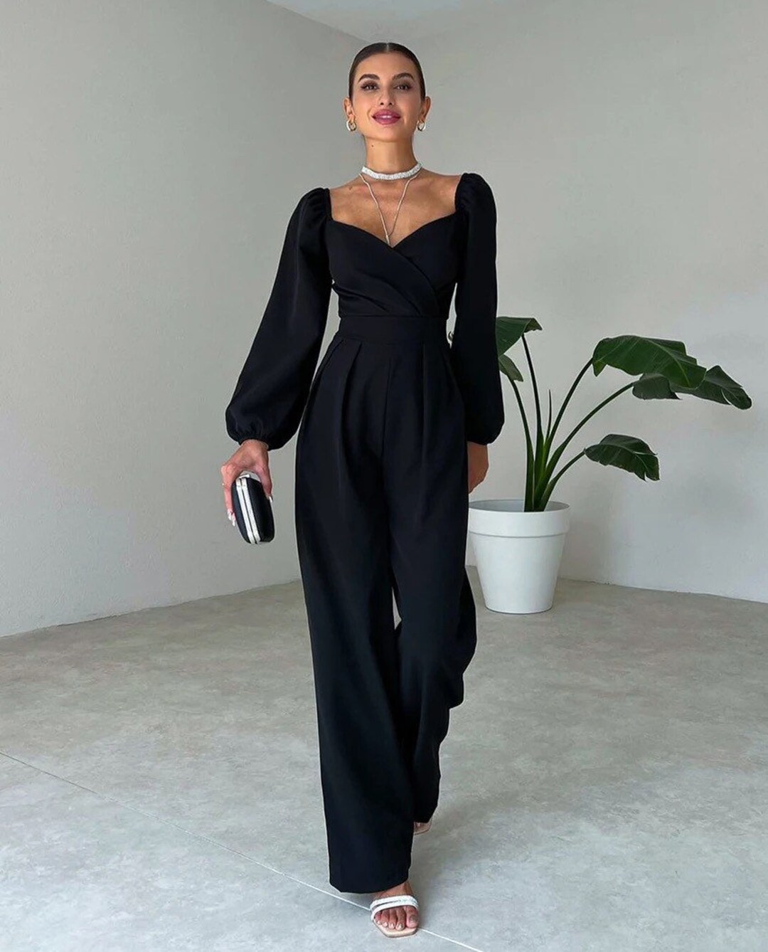 Elegant Black Jumpsuit Wide Leg Jumpsuit Long Sleeve - Etsy UK