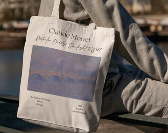 Waterloo Bridge, Sunlight Effect Claude Monet - Tote Bag - Aesthetic Tote Bag - Artsy Tote Bag - Art Tote Bag - Art Bag - Canvas Beige Tote