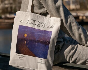 George Henry River Landscape By Moonlight - Artsy Tote Bag - Art Tote Bag - Aesthetic Tote Bag - Canvas Beige Tote - School Bag