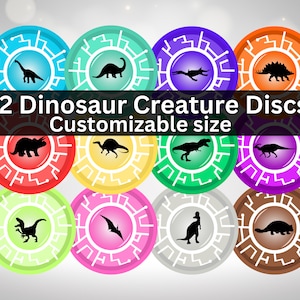 Könnte beinhalten: Zwölf bunte Dinosaurier-Kreaturen-Scheiben mit schwarzen Silhouetten verschiedener Dinosaurier. Die Scheiben haben ein kreisförmiges Design mit einem zentralen Kreis und einem umlaufenden Ring aus schaltungsartigen Mustern. Der Text "12 Dinosaur Creature Discs Customizable size" wird am unteren Rand des Bildes angezeigt.