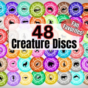 May include: A colorful set of 48 creature discs, featuring various animals and mythical creatures. The discs are arranged in a grid pattern and have a white border with a black outline. The text "48 Creature Discs" and "Fan Favorites!" is displayed in the center of the image.