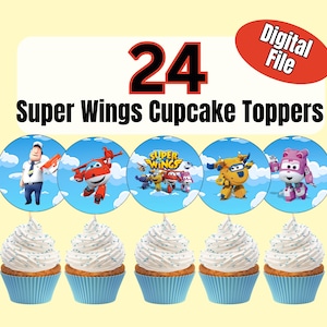 May include: Image features 24 Super Wings cupcake toppers with character illustrations. The toppers are round and sit atop cupcakes with white frosting and blue cupcake liners. A red oval indicates a digital file.
