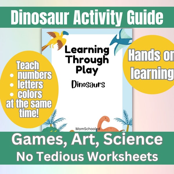 Dinosaur activity guide for toddlers preschoolers kids, kindergarten learning lesson plan, games art science fun, letters numbers colors