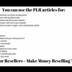May include: A white background with black text lists ways to use PLR articles, including blog posts, SEO, and eBooks. The text "You can use the PLR articles for:" is at the top. At the bottom, the text "Gigs For Resellers = Make Money Reselling This !!!!!" is displayed.