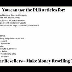 May include: A white background with black text that reads "You can use the PLR articles for:" followed by a bulleted list of uses. The bottom of the image says "Gigs For Resellers = Make Money Reselling This !!!!!"