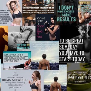 May include: A collage of images with fitness and health-related quotes. The images include people exercising, healthy food, and motivational text like "I don't make excuses, I make results."