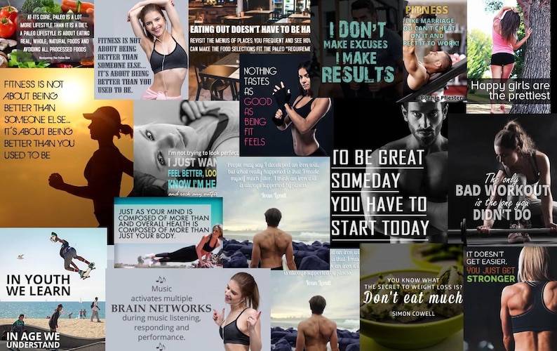 May include: A collage of images with fitness and health-related quotes. The images include people exercising, healthy food, and motivational text like "I don't make excuses, I make results."