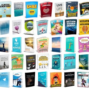 May include: A collection of self-help books with various titles and cover designs. Titles include "1% Better Each Day", "5 Ways", "Begin Your Day With a Smile", "Dealing with Loneliness", and "Live Your Ultimate Life". The books are displayed on a white background.