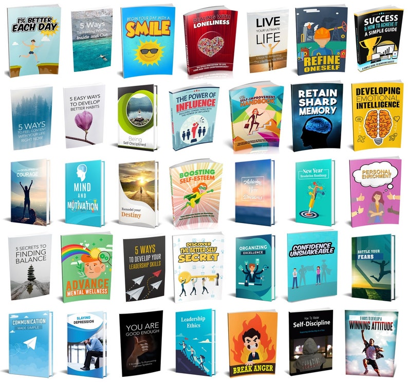 May include: A collection of self-help books with various titles and cover designs. Titles include "1% Better Each Day", "5 Ways", "Begin Your Day With a Smile", "Dealing with Loneliness", and "Live Your Ultimate Life". The books are displayed on a white background.