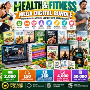 May include: A digital health and fitness bundle featuring a laptop displaying workout videos, a stack of e-books, audiobooks with headphones, and various icons representing nutrition, exercise, yoga, and wellness topics with text overlays.