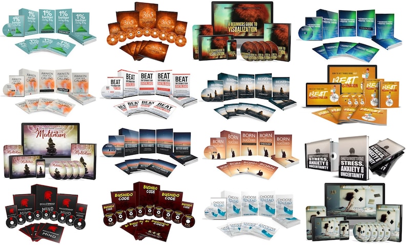 May include: Assortment of self-help books, CDs, and DVDs. Titles include "1% Better Every Day", "365", "A Beginners Guide to Visualization", "Awaken Your Calling", "Beat", "Meditation", "Born", "Bushido Code", "Choose to Lead", and "Stress, Anxiety & Uncertainty".