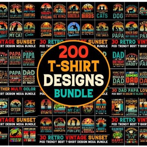 Puede incluir: Un conjunto de 200 diseños de camisetas con temas retro vintage de atardecer. Los diseños presentan varios gráficos y textos, incluyendo escenas de la naturaleza, animales y frases como "Papá" y "Pesca".