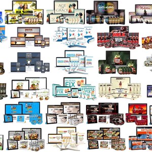 May include: A collection of health and wellness products, including DVDs, books, and digital downloads. The image features various titles such as "Age Slower", "Eczema Fix", and "Kettlebell 101". The products are displayed on a white background.