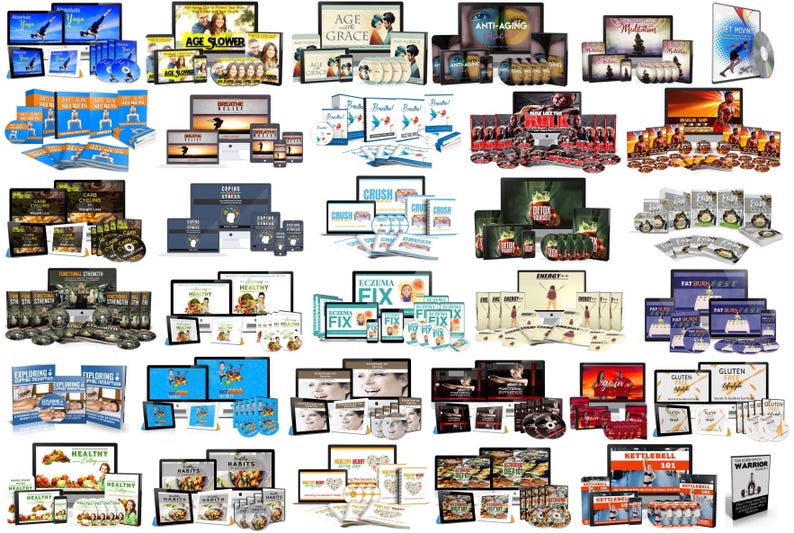May include: A collection of health and wellness products, including DVDs, books, and digital downloads. The image features various titles such as "Age Slower", "Eczema Fix", and "Kettlebell 101". The products are displayed on a white background.