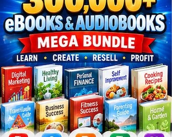 May include: A digital product bundle featuring 300,000+ eBooks and audiobooks with the text Learn, Create, Resell, Profit. The image displays various book covers labeled Digital Marketing, Healthy Living, Personal Finance, and more.