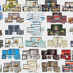 May include: A collection of health and wellness products, including DVDs, books, and digital media. The items are arranged on a light background and feature titles like "Healthy," "Age Slower," and "Eczema Fix."