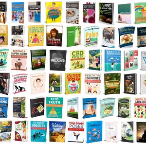 May include: A collection of books with various titles related to health, fitness, and wellness. The covers feature diverse designs, including images of food, people, and abstract graphics. The books are arranged in a grid.