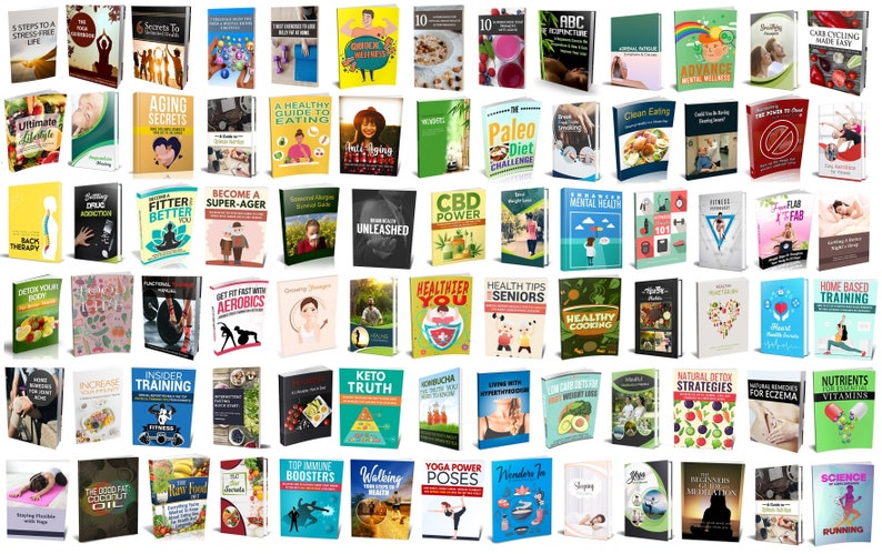 May include: A collection of books with various titles related to health, fitness, and wellness. The covers feature diverse designs, including images of food, people, and abstract graphics. The books are arranged in a grid.