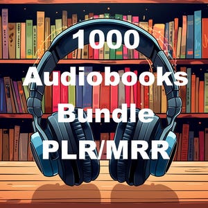 Może przedstawiać: Cyfrowa ilustracja niebieskich słuchawek na drewnianej powierzchni, z półką na książki w tle. Tekst "1000 Audiobooks Bundle PLR/MRR" w kolorze białym promuje produkt cyfrowy.