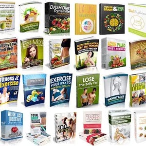 May include: A collection of diet and exercise books with titles like "Diet and Exercise," "Low Carb Diets Explained," and "Fitness & Exercise." The books feature colorful covers with images of food, people, and exercise equipment.