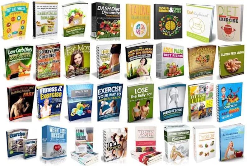 May include: A collection of diet and exercise books with titles like "Diet and Exercise," "Low Carb Diets Explained," and "Fitness & Exercise." The books feature colorful covers with images of food, people, and exercise equipment.