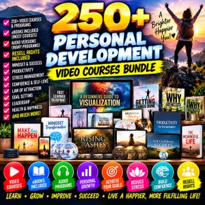 May include: A digital product bundle titled 250+ Personal Development Video Courses Bundle, featuring various course covers like A Beginners Guide to Visualization, Rising from the Ashes, and Make Things Happen, with icons for video, audio, and ebooks.