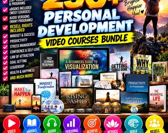 Może przedstawiać: Cyfrowy pakiet produktów zatytułowany 250+ Personal Development Video Courses Bundle, zawierający różne okładki kursów, takie jak A Beginners Guide to Visualization, Rising from the Ashes i Make Things Happen, z ikonami wideo, audio i e-booków.