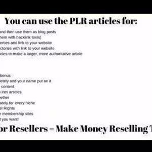 May include: White background with black text listing uses for PLR articles, including blog posts, SEO, web content, and eBooks. The text also includes the phrase "Gigs For Resellers = Make Money Reselling This !!!!!".