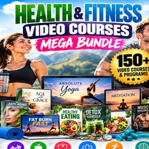 Puede incluir: Un paquete de productos digitales titulado Health & Fitness Video Courses Mega Bundle que incluye más de 150 cursos en vídeo. La pantalla muestra cajas y monitores con temas como Absolute Yoga, Meditation, Fat Burn Fast, Age with Grace, Healthy Eating, Detox Yourself y Muscle Building.