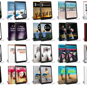 May include: A collection of digital books displayed on tablets. The covers feature titles like "5 Benefits of Morning Rituals", "5 Steps to Becoming a Better You", and "Emotional Intelligence". The books are in various colors and designs.