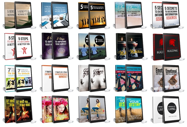 May include: A collection of digital books displayed on tablets. The covers feature titles like "5 Benefits of Morning Rituals", "5 Steps to Becoming a Better You", and "Emotional Intelligence". The books are in various colors and designs.