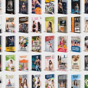 May include: A collection of fitness and health-related books. The covers feature images of people exercising, healthy food, and text such as "Lose Weight Fasting", "Kettlebell Bootcamp", and "Stop Smoking". The books are arranged in rows.