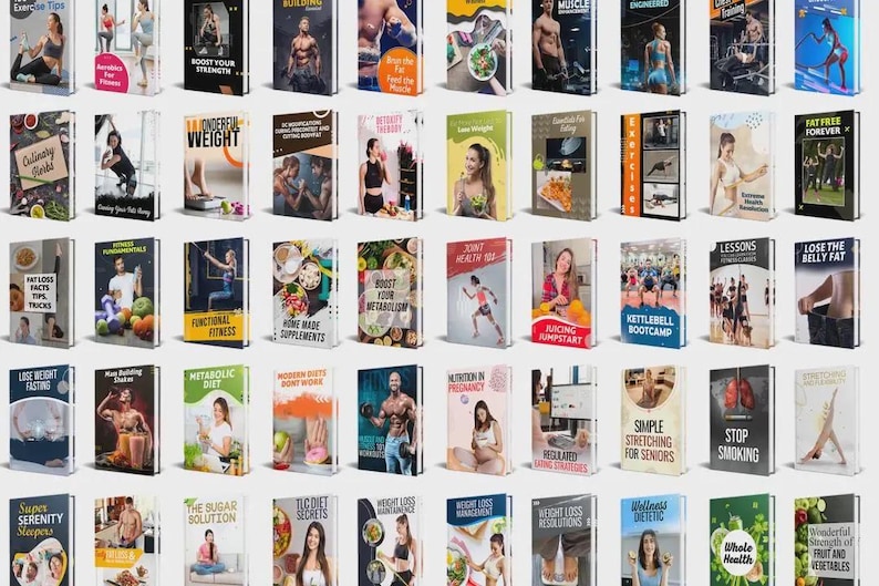 May include: A collection of fitness and health-related books. The covers feature images of people exercising, healthy food, and text such as "Lose Weight Fasting", "Kettlebell Bootcamp", and "Stop Smoking". The books are arranged in rows.