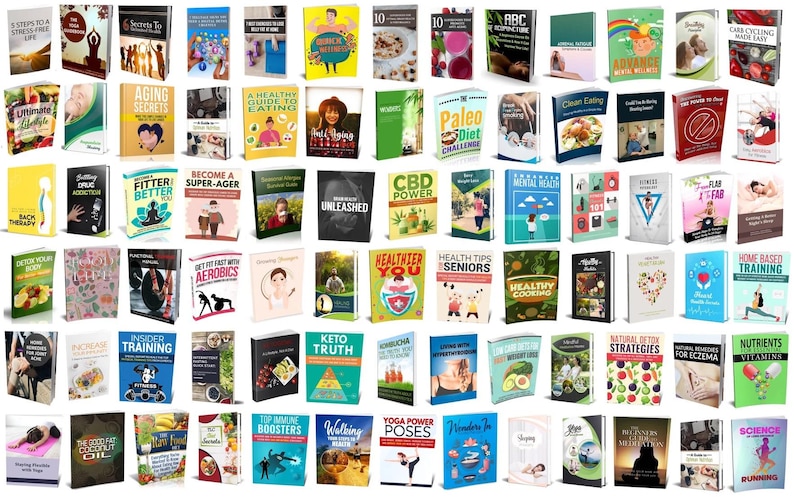 May include: A collection of self-help books on various topics, including health, fitness, and wellness. The books feature colorful covers with titles like "Keto Truth," "Yoga Power Poses," and "Mental Health."