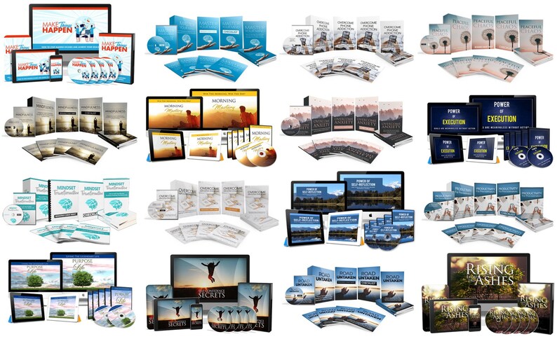 May include: A collection of self-help and personal development products, including books, CDs, and digital downloads. The products feature titles like "Make it Happen," "Morning Meeting," and "Power of Execution." The color scheme is primarily blue, white, and gold.