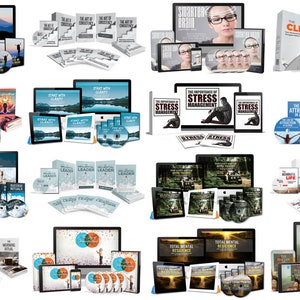 May include: A collection of self-help and personal development products, including books, DVDs, and digital downloads. The items feature titles like "Success Rituals," "The Law of Attraction," and "Start with Clarity." Various electronic devices display the same content.