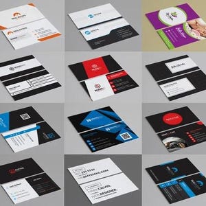 May include: A selection of business cards with varied designs. The cards display a range of colours, including black, white, red, blue, and orange. Some cards have geometric patterns, while others include images and logos.