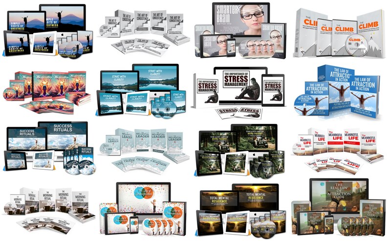 May include: A collection of self-help and personal development products, including books, DVDs, and digital downloads. The items feature titles like "Success Rituals," "The Law of Attraction," and "Start with Clarity." Various electronic devices display the products.