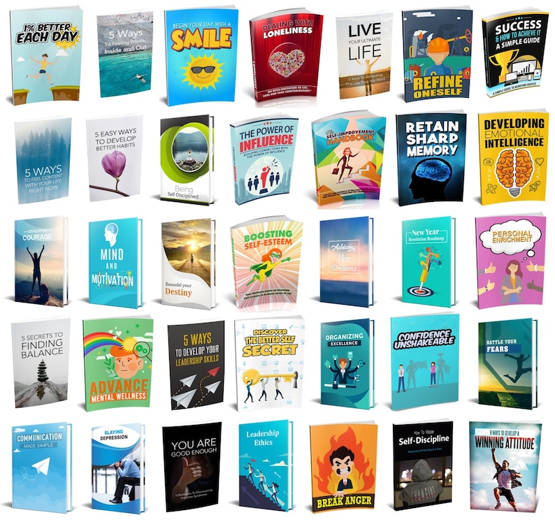 May include: A collection of self-help books with various titles and cover designs. Titles include "1% Better Each Day", "5 Ways", "Begin Your Day With a Smile", "Dealing with Loneliness", and "Live Your Ultimate Life". The books are displayed on a white background.