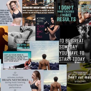 May include: A collage of images with fitness and motivational quotes. The images feature people exercising, healthy food, and text like "I don't make excuses, I make results" and "To be great someday you have to start today."