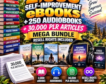 May include: A digital bundle featuring 2,000 self-improvement eBooks, 250 audiobooks, and 30,000 PLR articles. The image displays a stack of colorful book spines, digital tablets showing audiobook covers, and a stack of papers labeled 30,000 PLR ARTICLES.