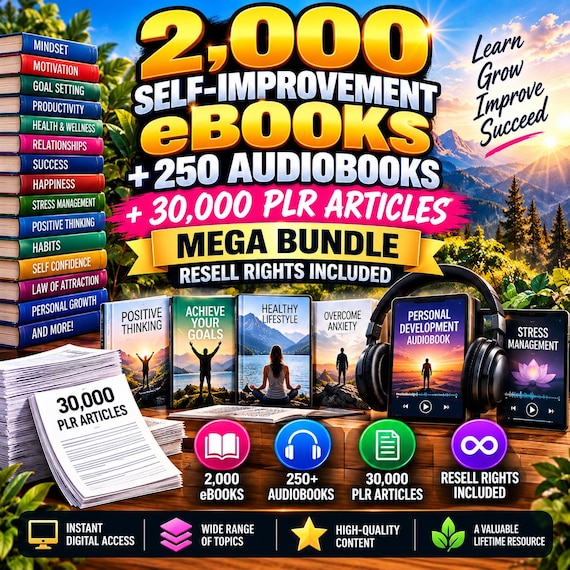 2000 Self Improvement eBooks Bundle + 250 Audiobooks & Bonus 30,000 PLR Articles | Personal Development, Mindset, Motivation, Resell Rights