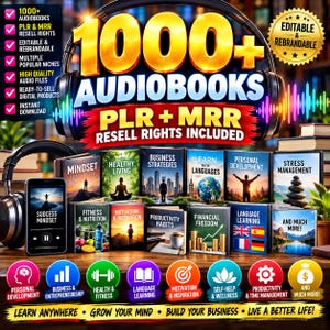 May include: A digital product bundle featuring 1000+ audiobooks with PLR and MRR resell rights. The graphic displays headphones, various book covers labeled with niches like Mindset, Business, and Fitness, and circular icons for categories.