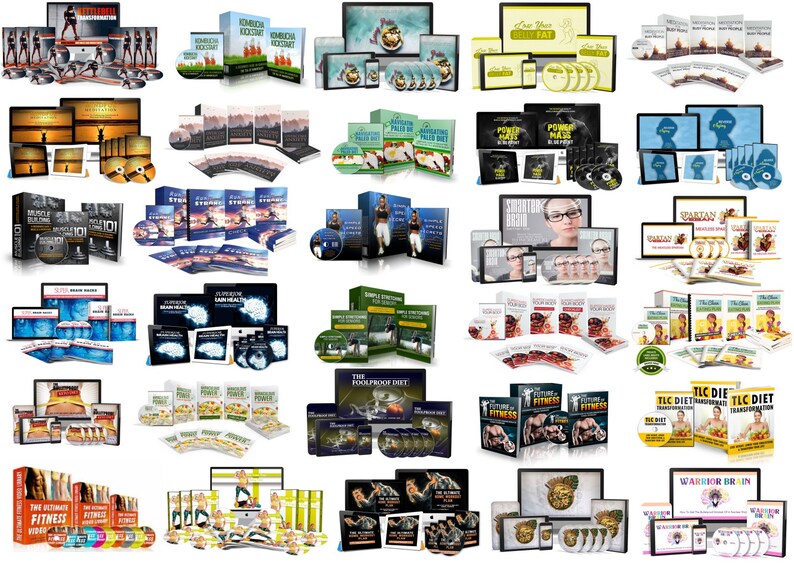 May include: A collection of fitness and health-related products, including books, DVDs, and digital downloads. The items feature various titles and cover topics such as weight loss, muscle building, and brain health. The products are displayed on a white background.