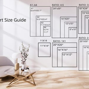 May include: Wall art size guide with various rectangular dimensions in inches, including A1-A4, 11x14, and ratios like 4:5, 3:4, 2:3, and 1x1. The guide is displayed on a white wall, with a modern living room setting in the foreground.