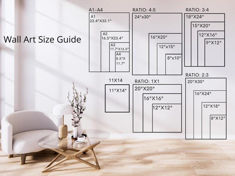 May include: Wall art size guide with various rectangular dimensions in inches, including A1-A4, 11x14, and ratios like 4:5, 3:4, 2:3, and 1x1. The guide is displayed on a white wall, with a modern living room setting in the foreground.