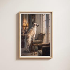 Peut inclure: Une impression de peinture à l'huile encadrée représentant un grand lévrier Borzoi blanc debout sur ses pattes arrière, posant ses pattes avant sur une chaise en bois. La scène se déroule dans une pièce sombre avec deux fauteuils et une fenêtre.