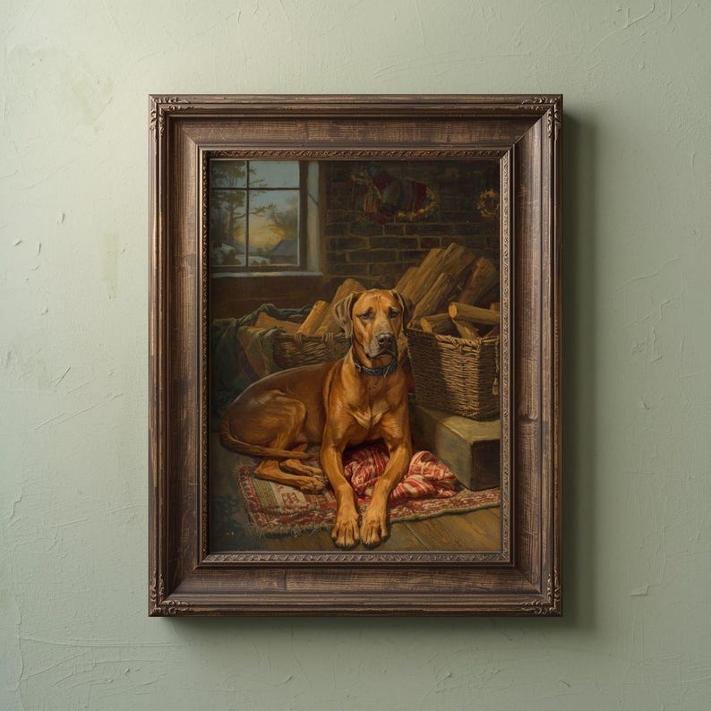 K&ouml;nnte beinhalten: Gerahmtes Gem&auml;lde eines braunen Hundes, der auf einem gemusterten Teppich vor einem Kamin liegt. Der Hund ist der Mittelpunkt, mit einem Korb mit Holzscheiten und einem Fenster im Hintergrund. Der Rahmen ist dunkelbraun.